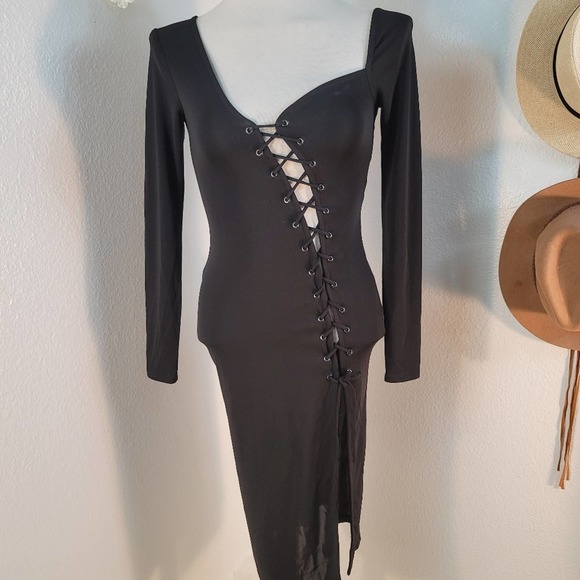 H:OURS x REVOLVE BRANDEN MIDI BLACK ASYMMETRICAL CUT LACE UP DRESS SIZE XSMALL - Picture 4 of 12